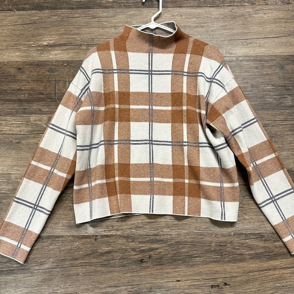 Tahari Cowl Neck Sweater in Brown and Cream Plaid - Picture 1 of 4